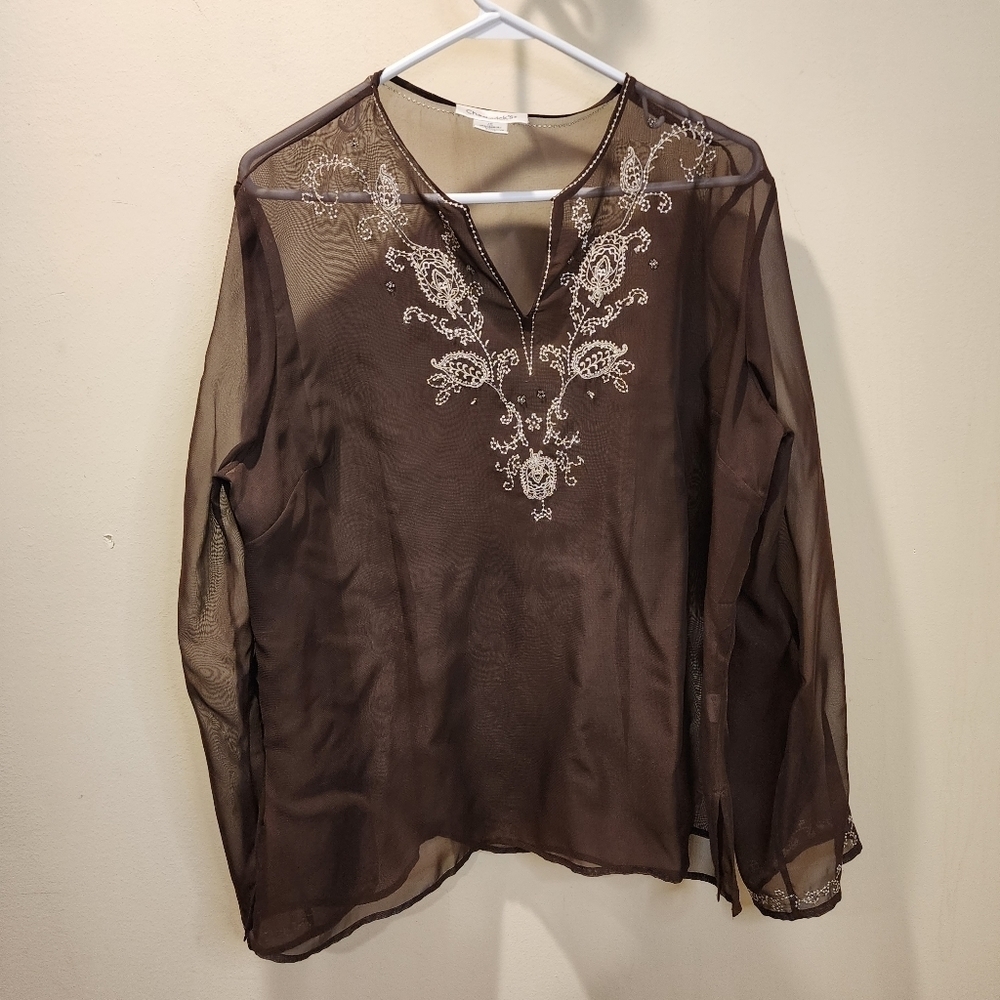 CHADWICKS women's brown tunic see though embroidered material top size 16